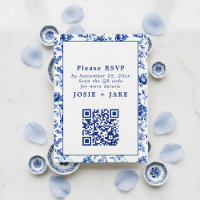 Delftware Inspired Blue Floral RSVP with qr code