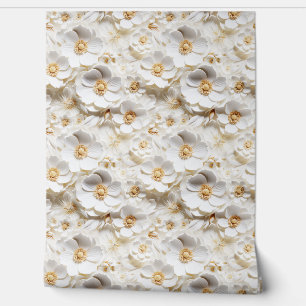 Delicate 3d white and gold flowers spring floral wallpaper
