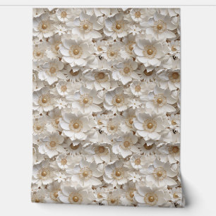 Delicate 3d white and gold flowers spring floral wallpaper