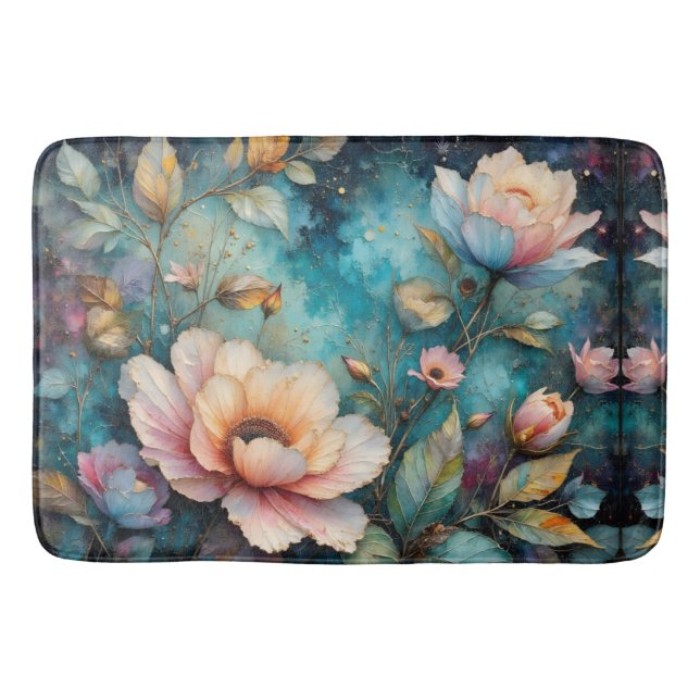 Delicate Apricot Cosmos on Teal Bath Mat (Front)