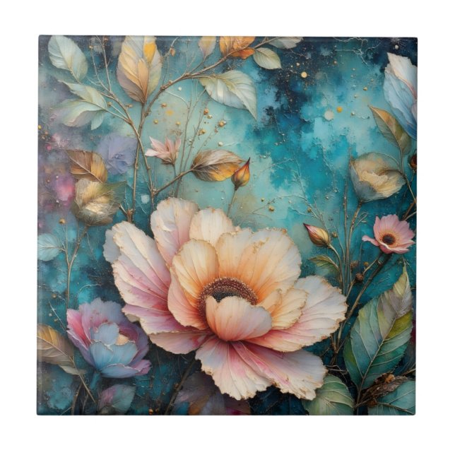 Delicate Apricot Cosmos on Teal Tile (Front)