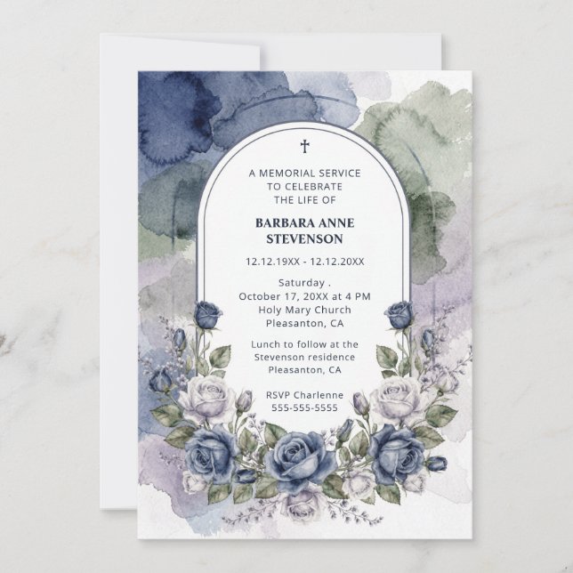 Delicate Arch Blue Green Floral Watercolor Effect  Invitation (Front)