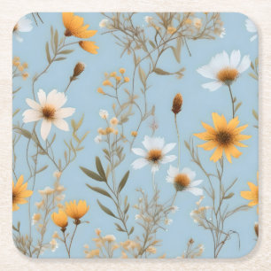 Delicate Australian Wildflowers On Blue, Square Paper Coaster