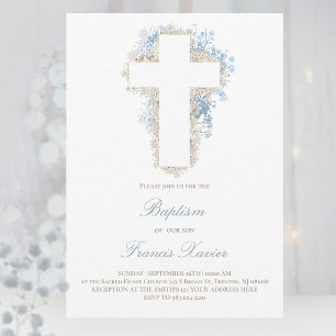 delicate baby's breath flowers cross Baptism Invitation
