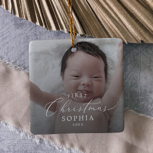 Delicate Baby's First Christmas Dark Overlay Photo Ceramic Ornament