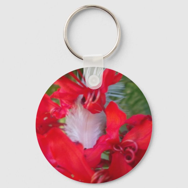Delicate Beauty: Red Flower with White Feather Key Ring (Front)