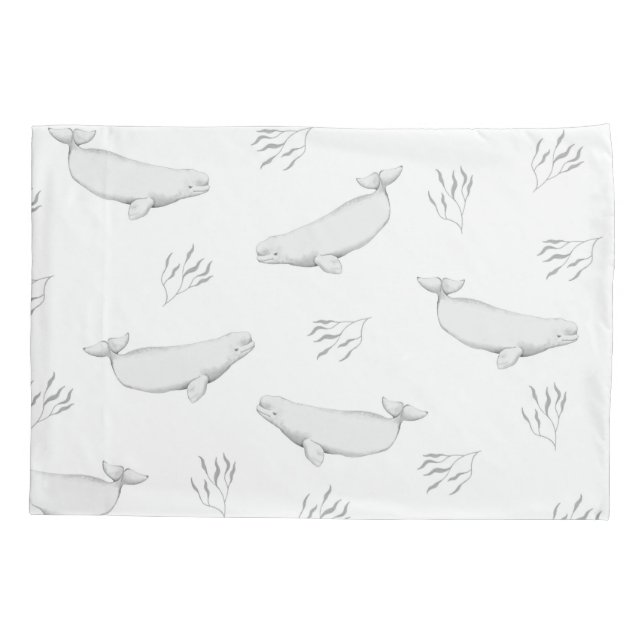 Delicate Beluga Whales And Sea Weed Illustration   Pillowcase (Back)