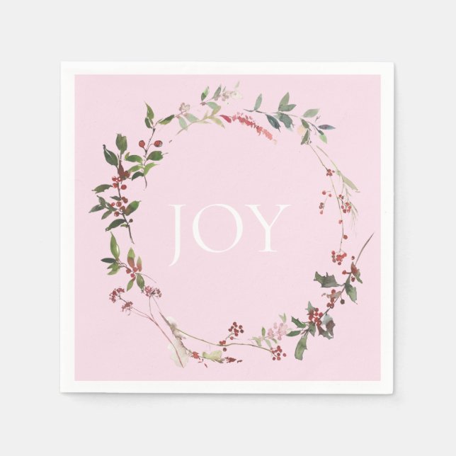 Delicate Berry Wreath on Pink Holiday Paper Napkin (Front)