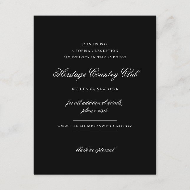 Delicate Black and Gold Script Wedding Reception Enclosure Card (Front)