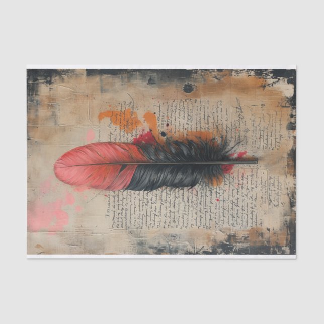 Delicate Black and Red Feather on Old Paper (Front)