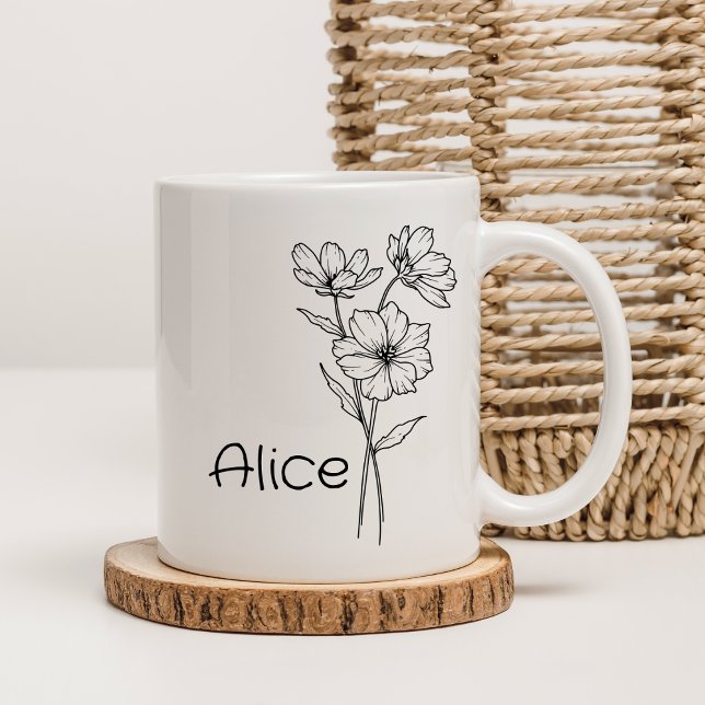 Delicate Black and White Floral Personalised Name Coffee Mug (Creator Uploaded)