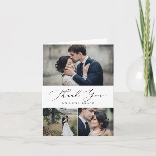 Delicate Black Calligraphy 3 Photo Collage Thank You Card (Front)