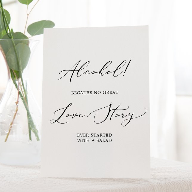 Delicate Black Calligraphy Alcohol Love Story Pedestal Sign (Creator Uploaded)