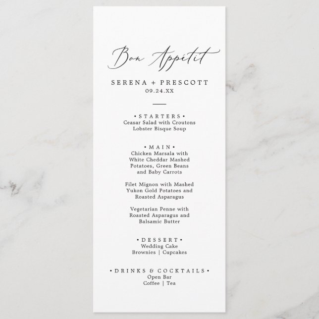 Delicate Black Calligraphy Bon Appétit Dinner Men Menu (Front)