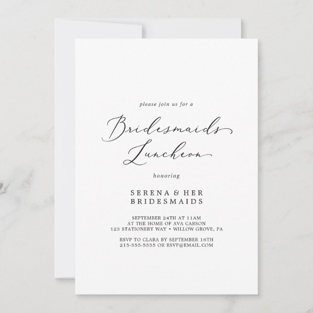 Delicate Black Calligraphy Bridesmaids Luncheon Invitation (Front)