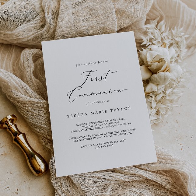 Delicate Black Calligraphy First Communion Invitation (Creator Uploaded)