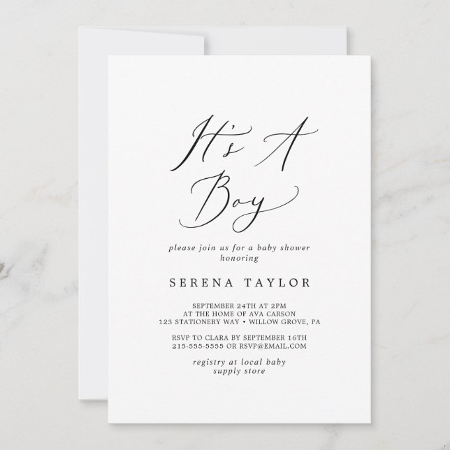 Delicate Black Calligraphy It's A Boy Baby Shower Invitation (Front)