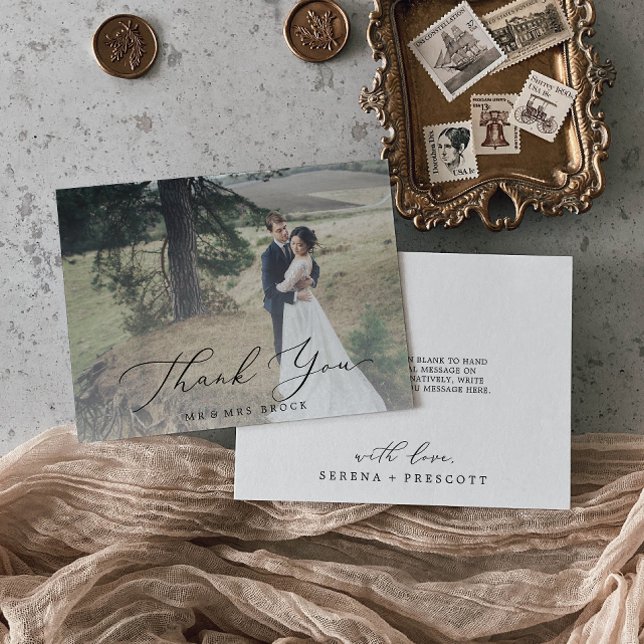 Delicate Black Calligraphy Light Photo Overlay Thank You Card (Creator Uploaded)