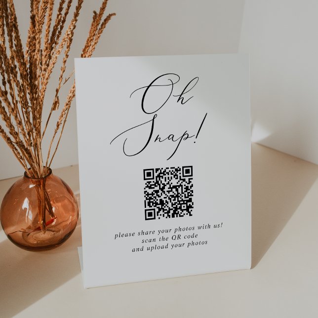 Delicate Black Calligraphy Oh Snap QR Code Wedding Pedestal Sign (Creator Uploaded)