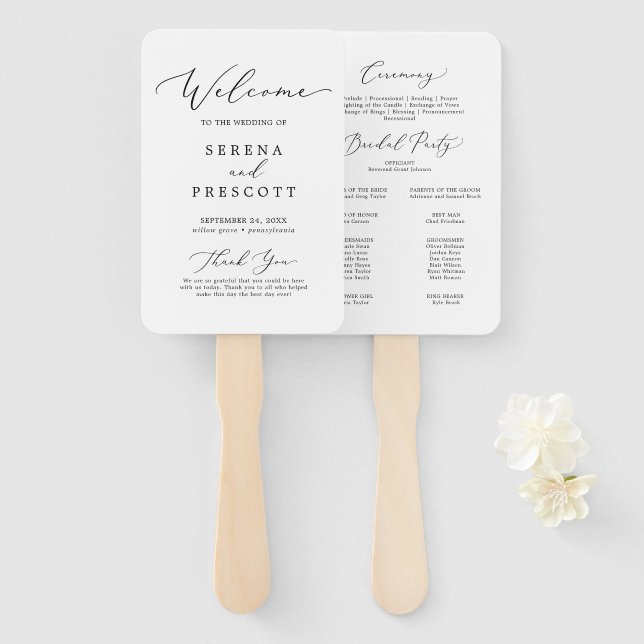 Delicate Black Calligraphy Wedding Program Hand Fan (Front and Back)