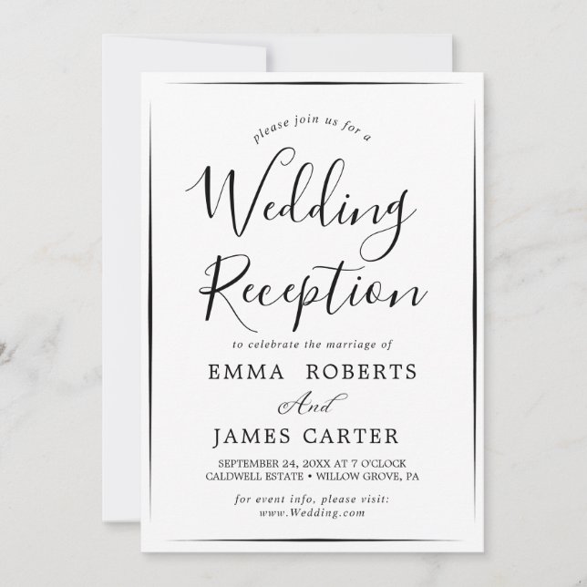Delicate Black Calligraphy Wedding Reception  Invitation (Front)