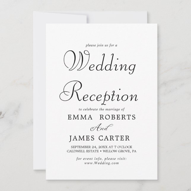 Delicate Black Calligraphy Wedding Reception  Invitation (Front)