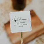 Delicate Black Calligraphy Wedding Welcome Square Sticker<br><div class="desc">These delicate black calligraphy wedding welcome stickers are perfect for a modern wedding. The romantic minimalist design features lovely and elegant black typography on a white background with a clean and simple look. Personalise these stickers with the location of your wedding, names, and wedding date. These labels are perfect for...</div>