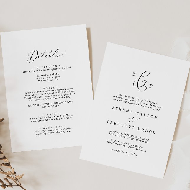 Delicate Black Formal Monogram All In One Wedding Invitation (Creator Uploaded)