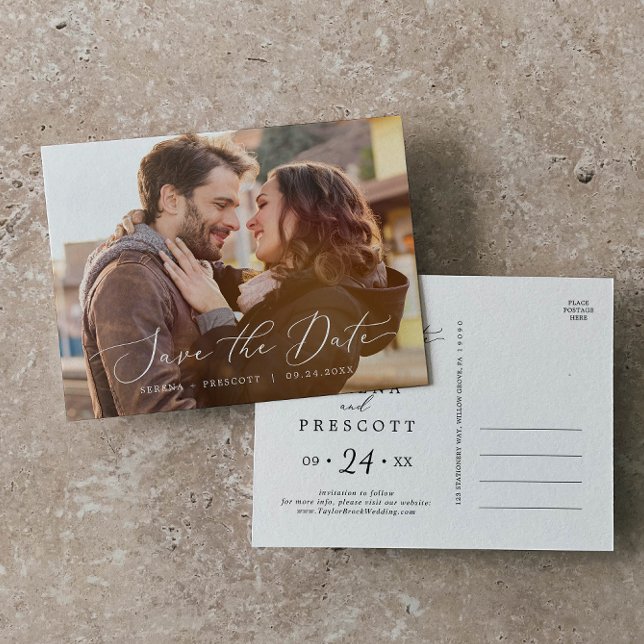 Delicate Black Horizontal Dark Photo Save the Date Invitation Postcard (Creator Uploaded)