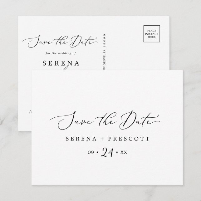 Delicate Black Horizontal Save the Date Postcard (Front/Back)