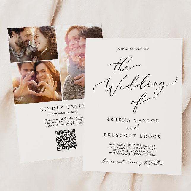 Delicate Black Photo Collage QR Code Wedding Invitation (Creator Uploaded)