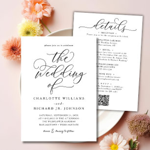 Delicate Black Script All In One QR Code Wedding Invitation