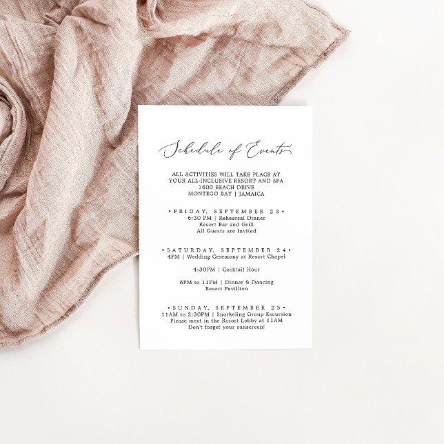 Delicate Black Wedding Weekend Schedule of Events Enclosure Card (Creator Uploaded)