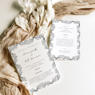 Delicate Black White Floral Front & Back Wedding Invitation