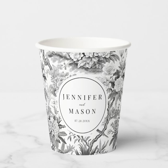 Delicate black white floral wedding paper cups (Front)