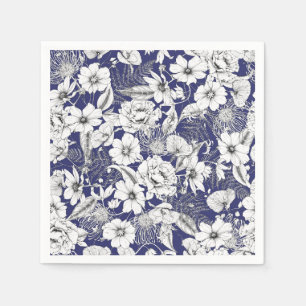 Delicate black white line drawing peony lily ferns napkin