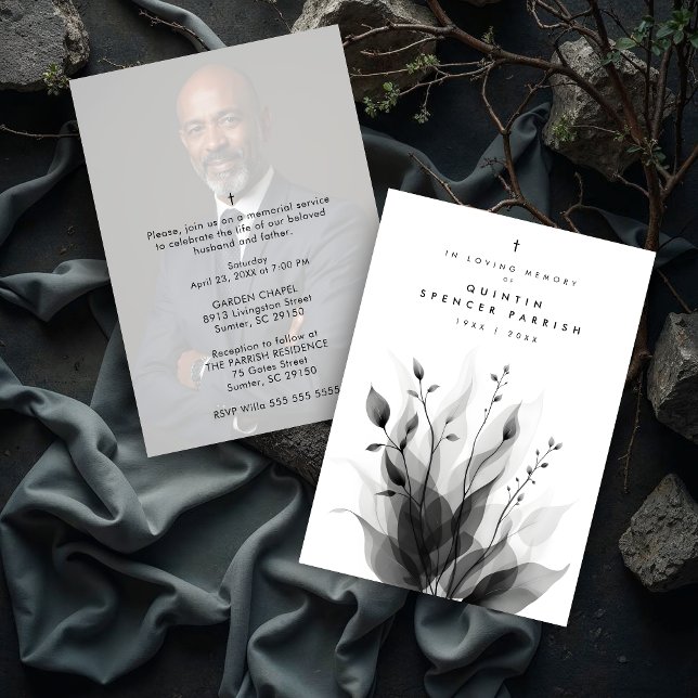 Delicate Black & White Overlapping Leaves & Flower Invitation (Delicate Black & White Overlapping Leaves & Flowers Memorial Invitations Cards with Back Photo. )