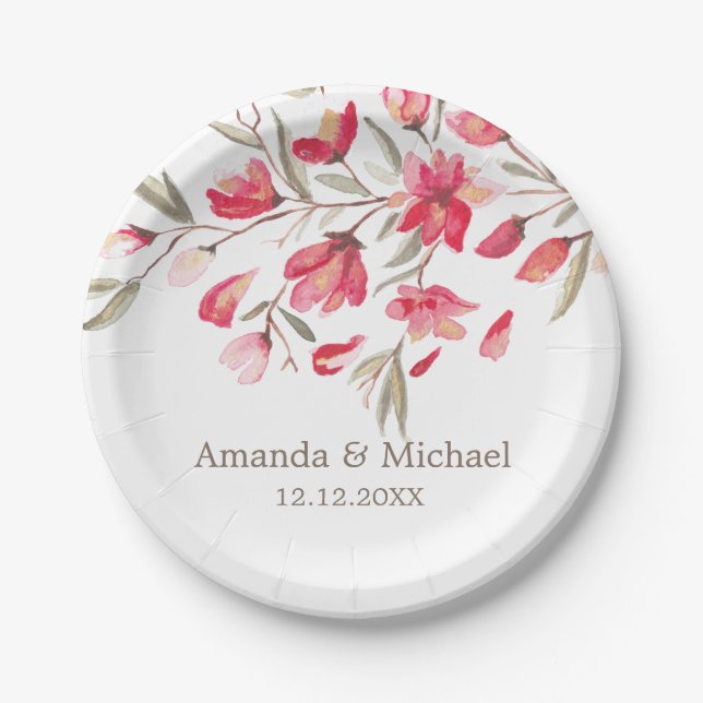 Delicate bloom of pink watercolor flowers wedding paper plate (Front)