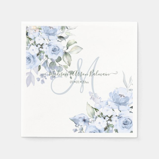 Delicate Bloom Watercolor Dusty Blue Monogram Napkin (Front)