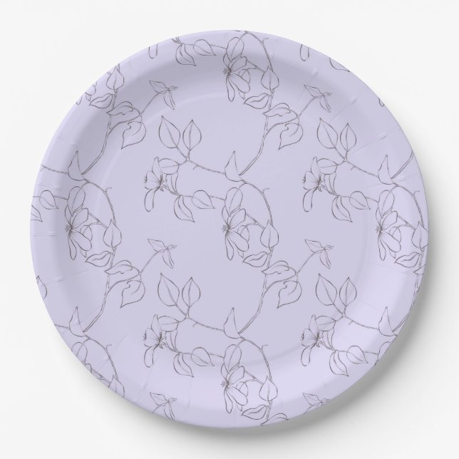 Delicate blooms foliage stem line art lilac purple paper plate (Front)