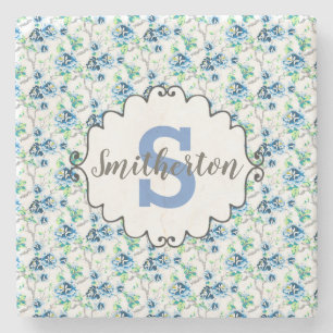 Delicate Blue and White Floral Monogram Stone Coaster