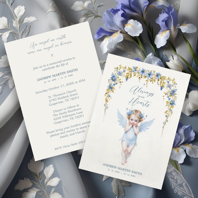 Delicate Blue Angel Condolence Remembrance Babies Invitation (Delicate Blue Angel Condolence Remembrance for Baby's Funeral Invitations Cards. )