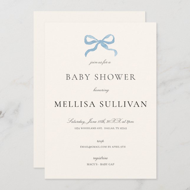 Delicate Blue Bow Baby Shower Invitation (Front/Back)