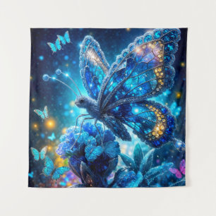 Delicate Blue Crystal Butterfly on Flower Tapestry
