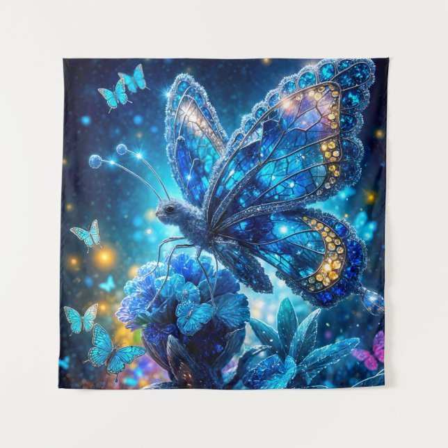Delicate Blue Crystal Butterfly on Flower Tapestry (Front)