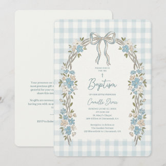 Delicate Blue Floral Arch Gingham Baptism Invitation