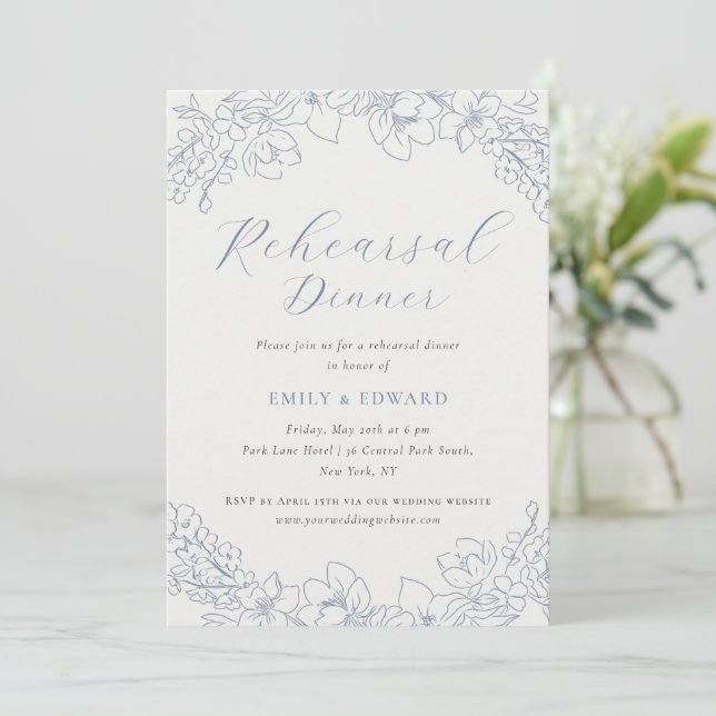 Delicate Blue Floral Wedding Rehearsal Dinner Invitation (Standing Front)