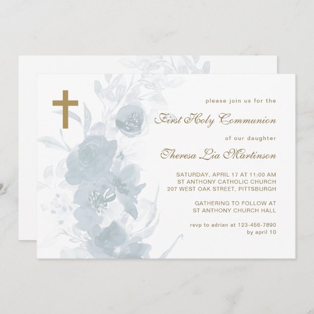 Delicate Blue Floral with Cross Holy Communion Invitation (Front/Back)