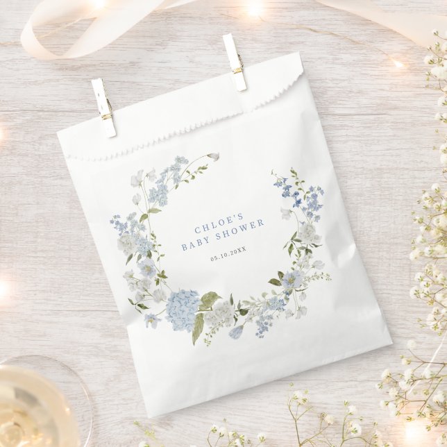 Delicate Blue Floral Wreath Baby Shower Favour Bags (Clipped)