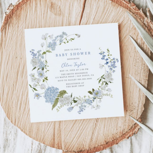 Delicate Blue Floral Wreath Baby Shower Invitation (Creator Uploaded)